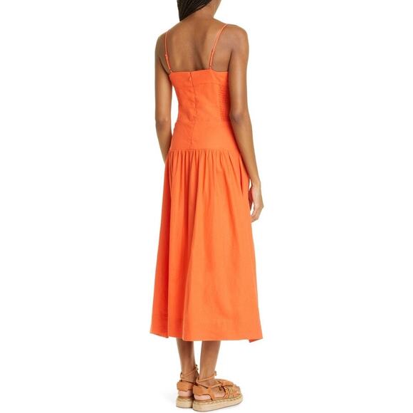 Farm Rio Orange Smocked Linen Blend Sleeveless Resort Midi Sun Dress Size Small - Picture 3 of 16